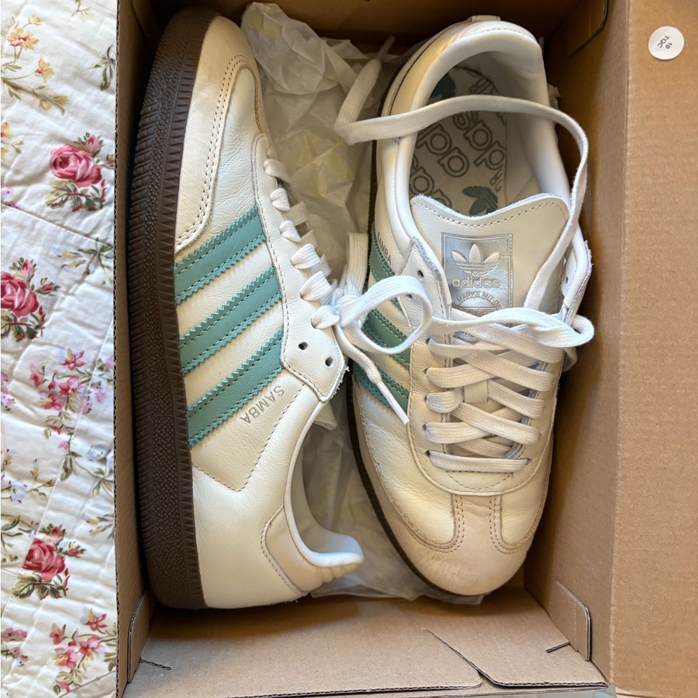 Adidas Samba White and Teal Sneakers - Picture 2 of 5